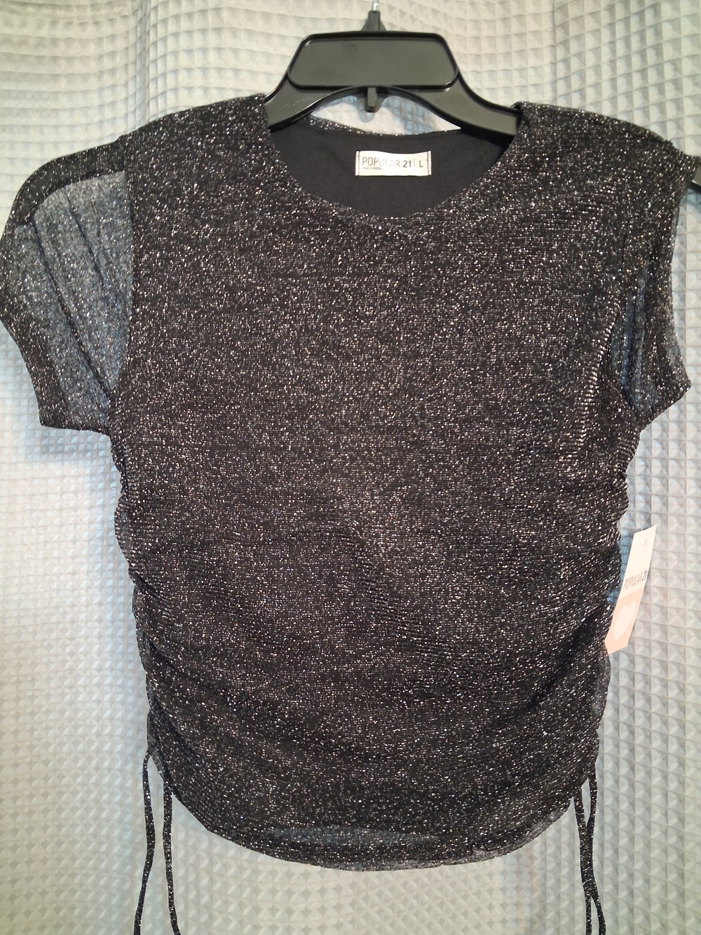 Pop + Suki Black Metallic Ruched Short-Sleeve Top